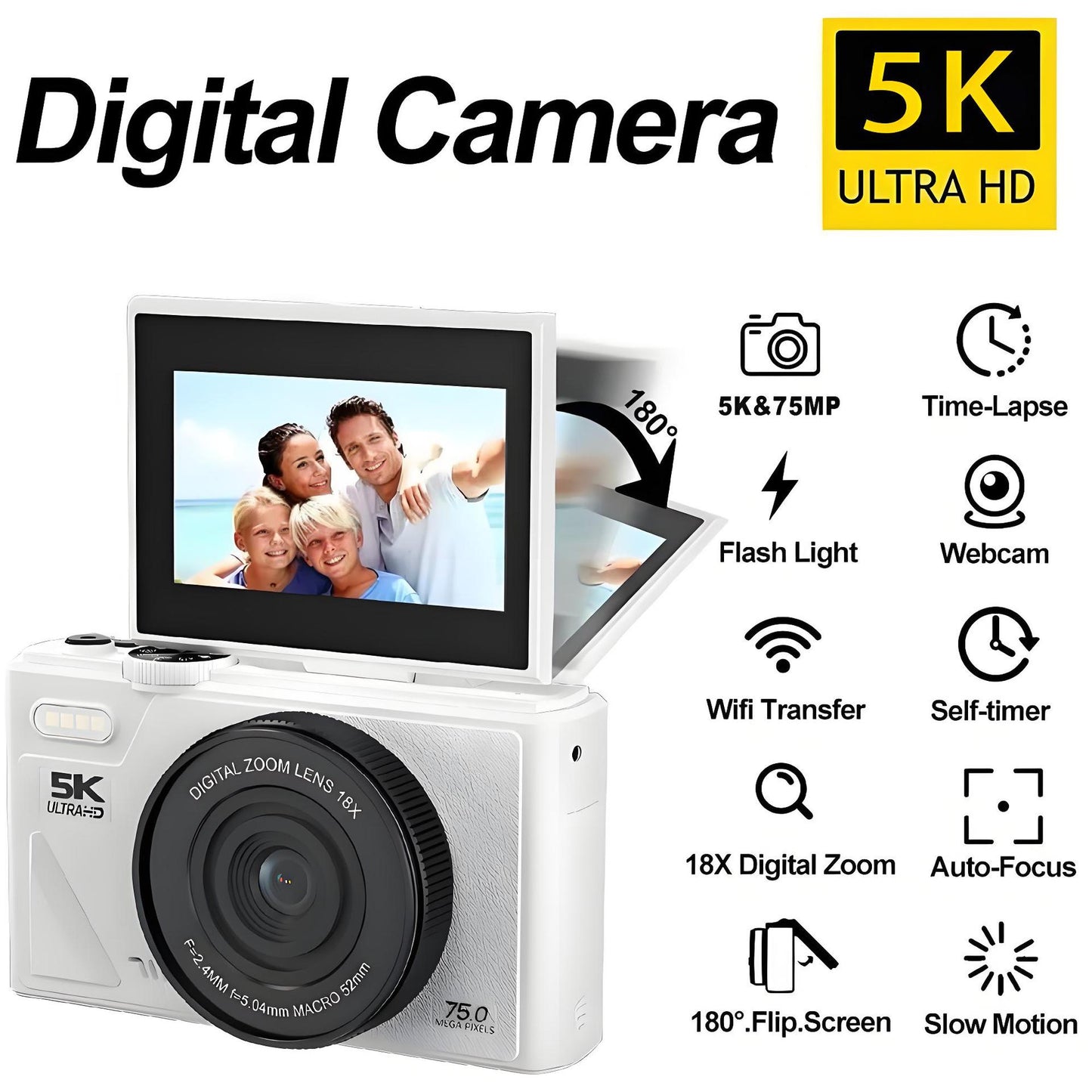 4K Digital Camera with WiFi Transfer and Flip Screen